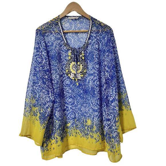 Soft Surroundings Tops - Soft Surroundings Beaded Tunic Top Size 1X Blue Yellow Sheer Tie Front Shirt